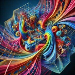 An abstract geometric representation of Teichmüller spaces, showcasing complex and intricate structures with vibrant colors and flowing shapes. The image evokes depth and dimensionality with interconnected curves and surfaces, symbolizing the infinite-dimensional nature of these mathematical constructs. Bold and varied colors emphasize the multifaceted and dynamic aspects, creating a visually captivating and intricate pattern that captures the essence of Teichmüller spaces.