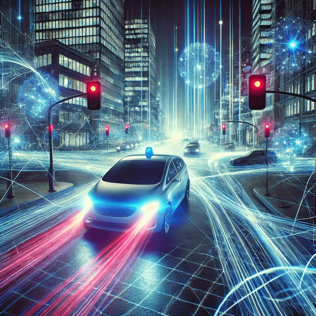 A futuristic scene featuring a self-driving car navigating through a densely populated, urban environment at night. The car is surrounded by a network of bright, laser-like light trails representing LiDAR pulses, and dynamic, flowing lines of energy capture the real-time changes detected by event cameras. The scene is bathed in cool blues and vibrant neon colors, creating a high-tech, sci-fi atmosphere that highlights the cutting-edge nature of this vision technology.