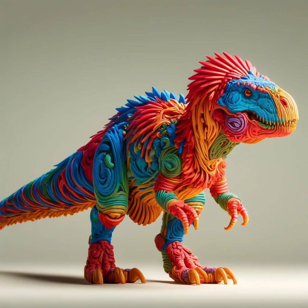 A vibrant 3D model of a toy dinosaur, created from a single photograph using advanced technology. The model is highly detailed, showcasing intricate textures and realistic colors. The background is a simple, clean studio setting to highlight the details of the 3D model.