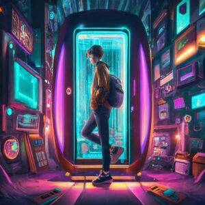 Teenager steps into a futuristic teleportation pod, surrounded by glowing lights and quantum equations.