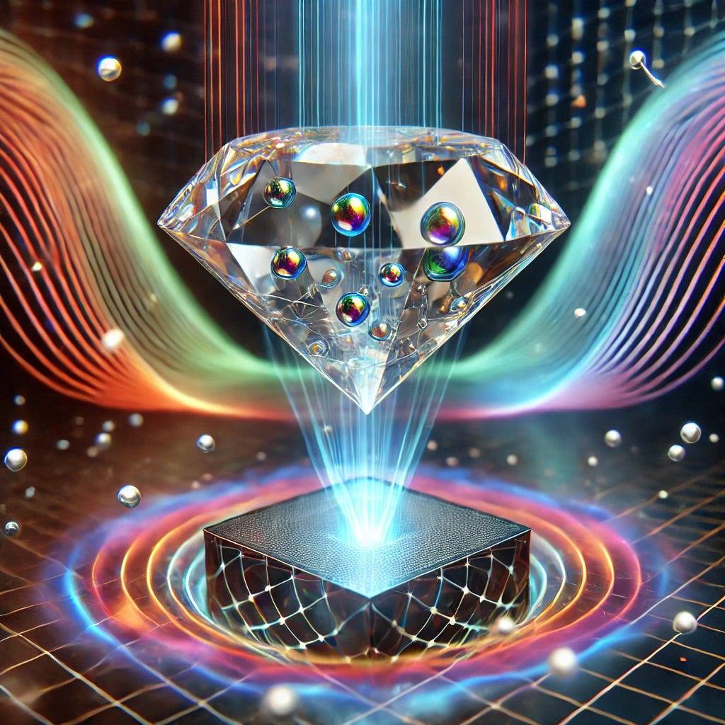 A futuristic scene featuring a transparent diamond with glowing nitrogen-vacancy (NV) centers, suspended mid-air. Surrounding it are colorful waves representing abstract magnetic fields. The diamond is illuminated by beams of light, symbolizing data collection, while the background features a dark, sleek, grid-patterned space. This visually stunning image highlights the concept of quantum sensing technology in action, with glowing elements emphasizing the high-tech nature of the system.