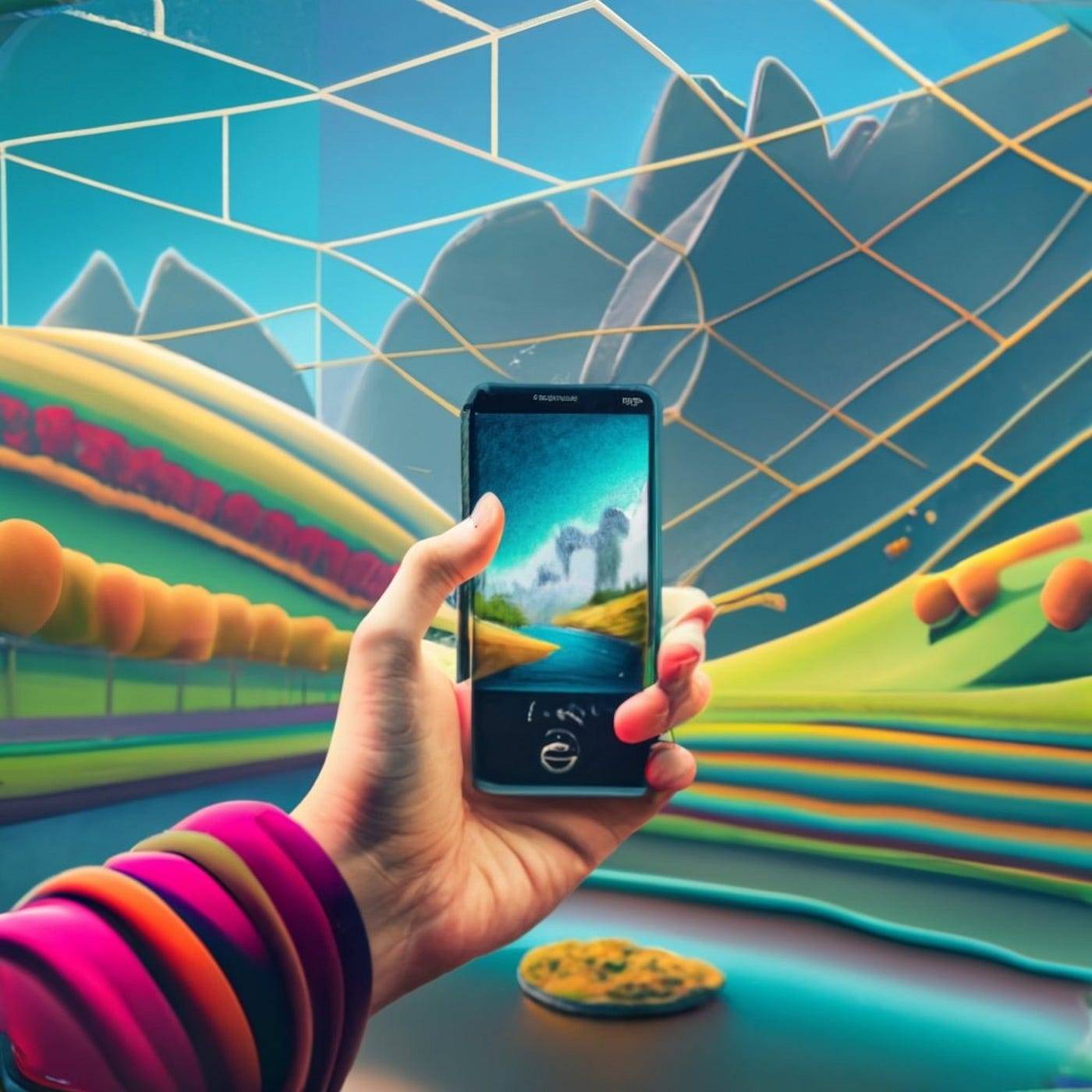 A person holding a smartphone capturing a 3D photo of a scenic landscape. A translucent 3D grid overlays the captured scene, with icons indicating the capturing of different light spectrums.