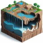 An illustration combining a detailed computer chip and a cross-sectional view of the Earth’s underground layers. The underground cross-section showcases different layers of rock, water channels, and oil reserves.