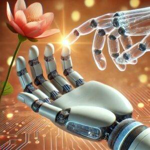 A futuristic robotic hand with a flexible, transparent skin-like material, gently interacting with a delicate flower petal. The hand is detailed with visible internal sensors beneath the transparent skin, suggesting advanced tactile sensing capabilities. The background is softly blurred to focus on the hand, with warm lighting that creates a sense of innovation and technological advancement. The image conveys the idea of robots gaining human-like sensitivity through touch.