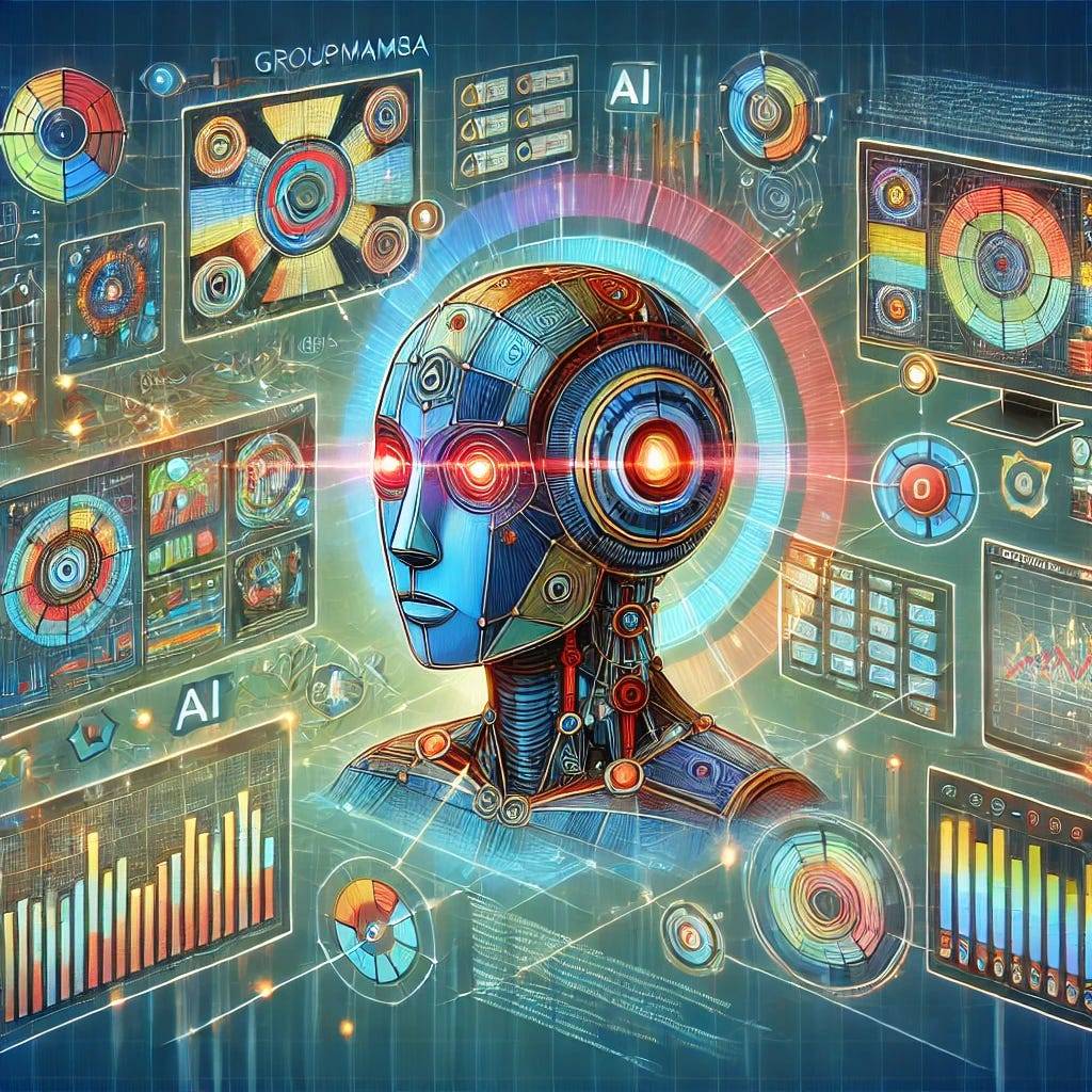 A detailed and colorful illustration of the GroupMamba AI model in action. The model processes visual data with multiple screens and interfaces displaying analysis results. Dynamic elements like lines and arrows indicate data flow and interaction. The background is futuristic, featuring elements of technology and innovation, symbolizing the advanced capabilities of the GroupMamba AI model.