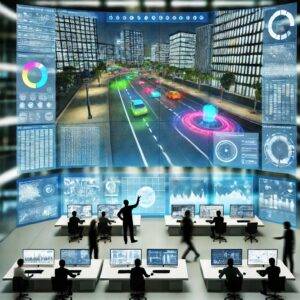 An advanced urban simulation control center filled with large digital screens that display real-time data from a virtual city, including dynamic actors like cars, cyclists, and pedestrians. Engineers and scientists interact with these screens using gesture controls and voice commands, surrounded by futuristic technology such as holographic maps, digital interfaces, and real-time analytics tools. The high-tech setting illustrates the coordination and monitoring of a complex urban environment.
