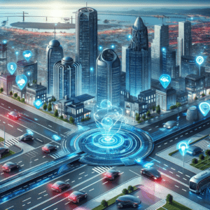 A vibrant depiction of a futuristic cityscape filled with autonomous vehicles. The city features advanced infrastructure and smart city elements, including interconnected vehicles and pedestrian-friendly spaces. Skyscrapers with innovative designs tower over well-organized, clean streets, illustrating a harmonious blend of technology, sustainability, and urban life.