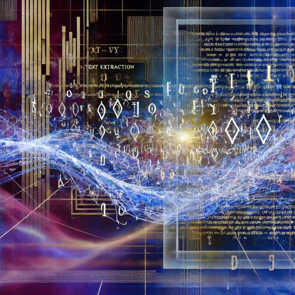 A mesmerizing, abstract illustration of an advanced AI system handling complex document processing. The image showcases a blend of intricate patterns and lines symbolizing the flow of data, the extraction of text, and the integration of visual elements. With a futuristic vibe, the colors — primarily vibrant blues, purples, and golds — capture the seamless interaction between text and images in a digital environment.