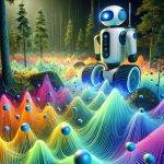 A futuristic robot is exploring a dense forest, illuminated by glowing sensors that help it map the environment. The robot uses Gaussian splatting to visualize its surroundings, shown as translucent data layers that float around the robot. Trees, rocks, and other objects are clearly mapped as the robot moves forward, scanning its path with precision. The dynamic image captures the essence of robotic exploration and advanced mapping technology.