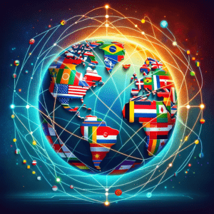 A colorful image of a globe surrounded by interconnecting lines and various national flags, representing countries around the world. The vibrant connections symbolize international cooperation and solidarity during the global COVID-19 pandemic. This representation highlights the unity and collaborative efforts required to tackle the health crisis that affected people across all borders.