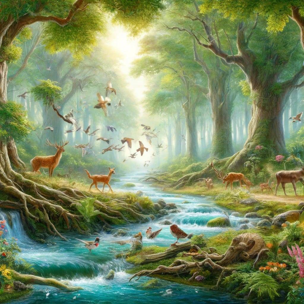 An ancient forest with flowing streams, rustling leaves, and wildlife in motion. The scene is serene and full of natural beauty, with tall trees, colorful flowers, and animals such as deer and birds moving around. The water in the streams is clear and reflects the surrounding greenery, and the sunlight filters through the canopy, creating a magical atmosphere.