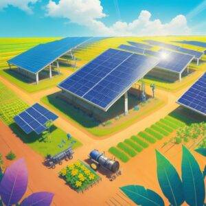 An illustration depicts a futuristic farm alive with color and innovation. Rows of lush green crops thrive under a series of solar panels arranged like a high-tech ceiling above them. Above, a radiant sun dominates a sky painted in hues of brilliant blue, with golden beams highlighting the sleek surfaces of the solar panels. In the midst of this sustainable oasis, a group of joyful people are on an educational adventure, their fingers pointing in wonder at the seamless blend of technology.