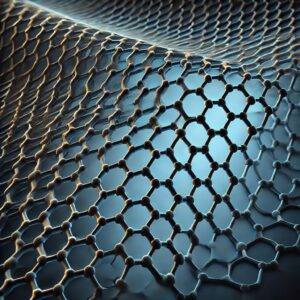 A close-up image of twisted bilayer graphene structure. The image showcases two layers of graphene sheets slightly rotated relative to each other, forming an intricate moiré pattern at the magic angle. The background is a soft gradient of dark blue and black, emphasizing the hexagonal lattice of carbon atoms with glowing nodes where they intersect. This visual representation highlights the complexity and beauty of the graphene’s atomic structure.