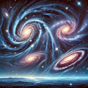 A cosmic scene depicting the M81 Group of galaxies, including M81, M82, and NGC 3077, interacting in deep space. The galaxies are connected by delicate tidal streams of stars and gas, forming swirling patterns that hint at past gravitational encounters. The backdrop features a star-studded sky with distant galaxies and nebulae, enhancing the sense of depth and the vastness of the cosmos. The color scheme includes deep blues, purples, and subtle reds, highlighting the cosmic interactions.