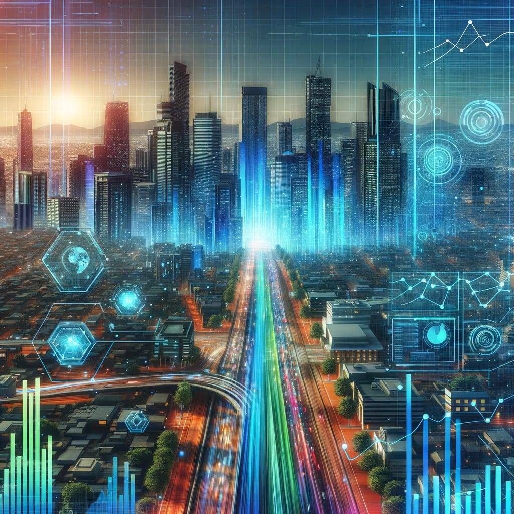 A vibrant illustration of a futuristic city skyline with data streams and graphs overlayed, symbolizing advanced predictive analytics shaping the future of urban planning and development.