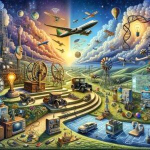 A vivid, imaginative representation of key historical inventions, harmoniously integrated into a single scene. The artwork features symbolic elements of the telephone, light bulb, radio, airplane, assembly line, integrated circuit, personal computer, DNA strand, a depiction of the World Wide Web, and a smartphone. These icons of innovation are artistically woven into a dreamlike landscape, evoking a sense of discovery and technological advancement. The scene is vibrant and detailed.