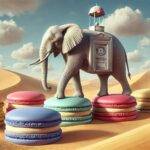 A surreal scene of an elephant walking atop large, colorful macarons in a desert. The elephant has a small door and a clock tower integrated into its body, blending elements of architecture and nature. The landscape features golden sand dunes under a partly cloudy blue sky, creating an imaginative and dreamlike atmosphere. The juxtaposition of real-world and fantastical elements challenges the viewer’s perception of reality.