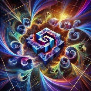 An abstract representation of an eight-dimensional manifold, featuring swirling geometric shapes and forms that convey the complexity of Spin(7) structures. The image is filled with colorful and dynamic patterns, ranging from deep blues and purples to vibrant greens and golds, creating a sense of depth and movement. The interweaving shapes suggest the existence of higher-dimensional spaces, giving the image an ethereal, otherworldly quality.
