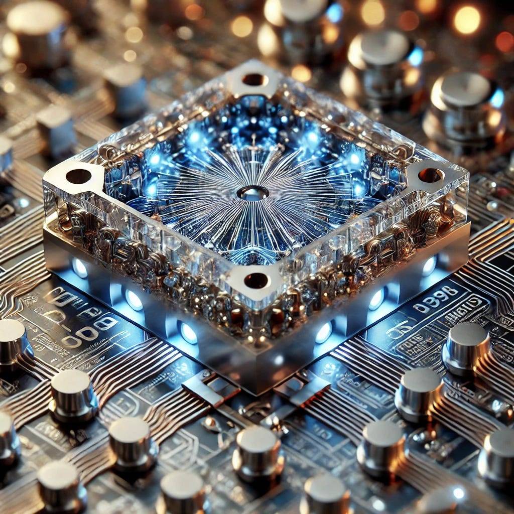 A detailed close-up of a superconducting circuit featuring quantum flux parametron devices. The circuit is intricately designed with multiple layers of wiring and components, glowing with blue and white lights. The superconducting materials shine with a metallic luster, showcasing their advanced technological capabilities. The background is blurred to emphasize the focus on the circuit, giving a sense of depth and precision in the design.