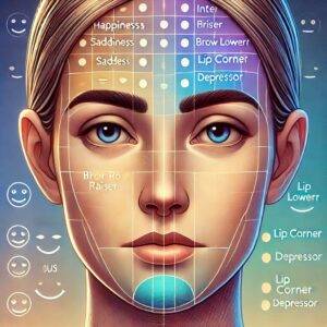 A detailed digital illustration of a human face showing various facial expressions: happiness, sadness, and neutrality. The face is divided into sections, each highlighting different facial action units (AUs) such as the inner brow raiser, brow lowerer, and lip corner depressor. The background features a gradient of calming colors like blue and purple, symbolizing mental health and emotion analysis. The image emphasizes the different muscles involved in facial expressions.