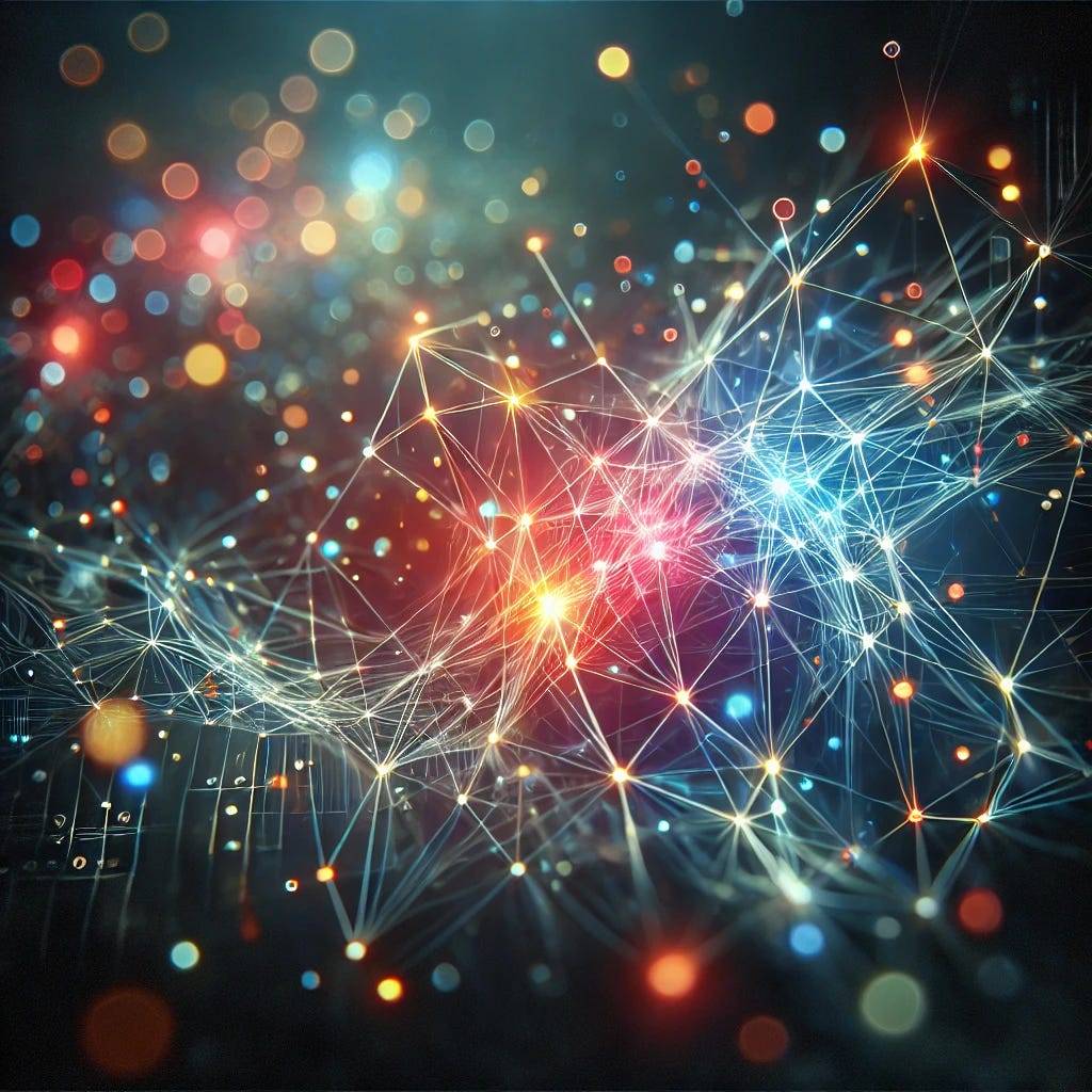 An abstract image representing Sparse Neural Networks in AI, featuring a web of glowing nodes and sparse connections against a dark, futuristic background. The nodes are vibrant and colorful, with some connections fading into the background, symbolizing the concept of sparsity. The overall design is sleek, modern, and ethereal, conveying the cutting-edge nature of this technology. The dark background contrasts with the luminous network, highlighting the importance of efficiency.