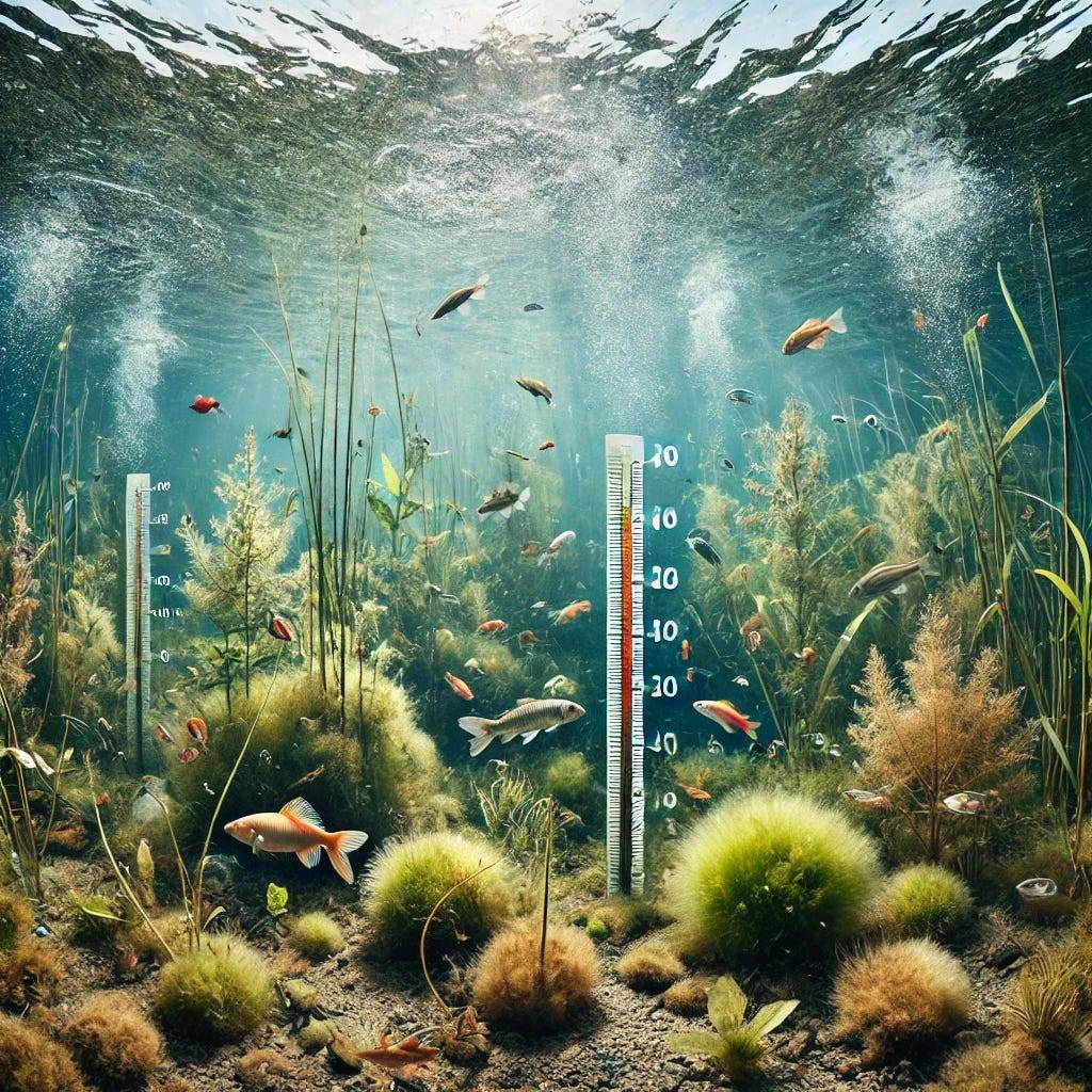 An underwater view of a lake showcasing different aquatic plants and fish species at various depths. The clear water allows sunlight to filter through, illuminating the underwater scene. Depth markers are visible, showing the varying temperatures at different levels. This vibrant underwater ecosystem highlights the importance of accurate lake temperature forecasts for maintaining healthy aquatic life.