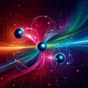 An artistic depiction of three quantum particles interacting in a one-dimensional space, with colorful trails representing their interactions. The background features a gradient of deep space colors, symbolizing the quantum realm.
