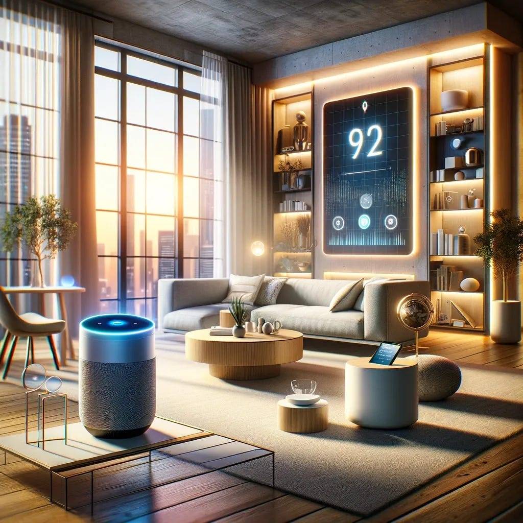 This image portrays a modern living room seamlessly blending with advanced technology, embodying the essence of voice-activated virtual assistants in daily life. The room, illuminated with soft, warm light, exudes comfort and modernity. It features elegantly integrated smart devices — a sleek speaker, a smartphone, and a smart display — melding with the stylish decor. Through a large window, a futuristic cityscape stretches into the distance, symbolizing the era of cutting-edge technology.