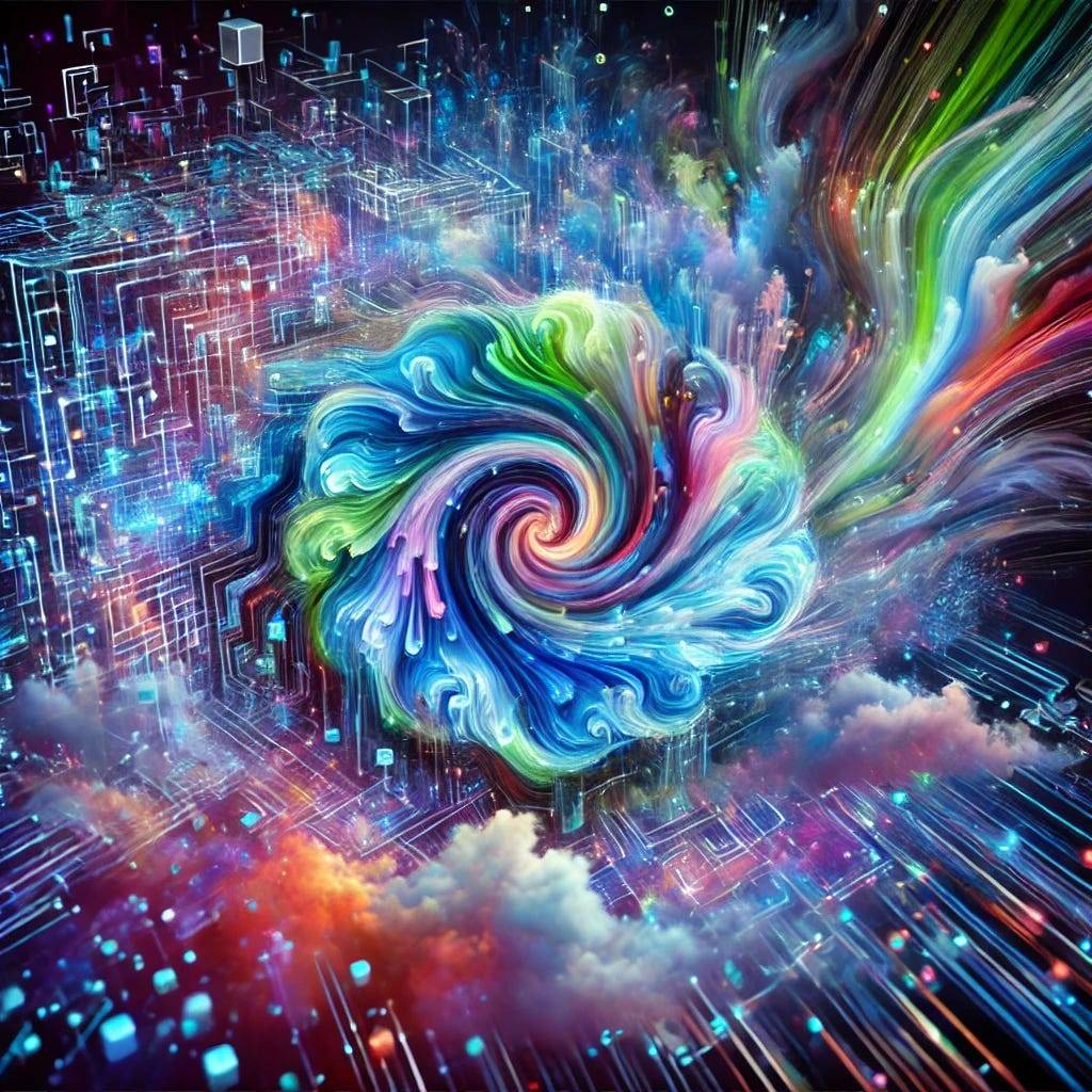 An abstract representation of AI capabilities featuring vibrant, swirling colors and patterns. The dynamic image uses bright blues, greens, and purples to form shapes that suggest data processing and machine learning. The visually striking artwork conveys the complexity and power of advanced AI technologies through its vivid and energetic design.