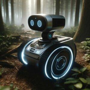 A sleek, futuristic robot navigating through a dense forest, equipped with advanced sensors and a glowing blue neuromorphic processor chip on its body. The scene captures dynamic motion as the robot skillfully maneuvers around natural obstacles. Light filters through the tree canopy, creating a dramatic interplay of shadows and light, emphasizing the robot’s agility and autonomy. The design is minimalistic yet advanced, showcasing its capability to operate in complex environments autonomously.
