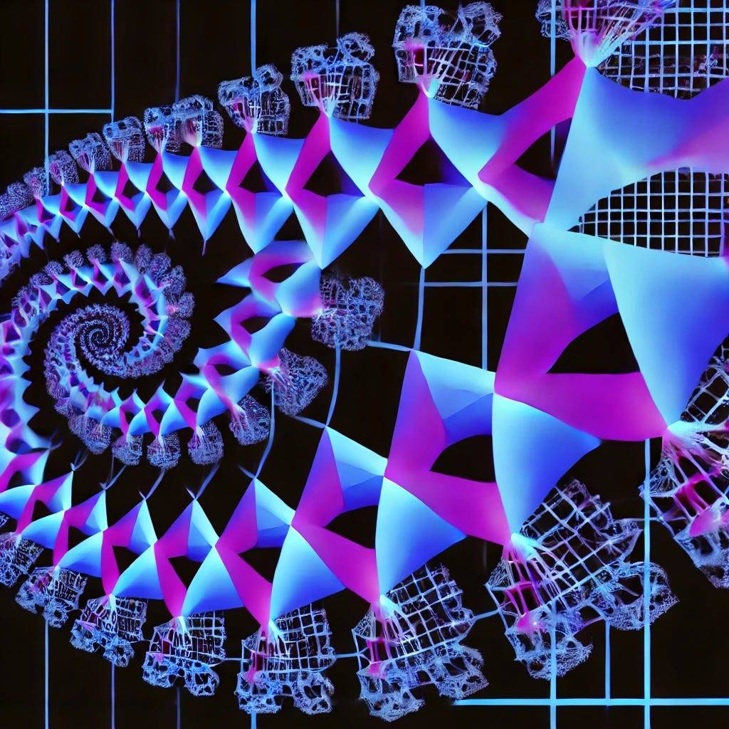 A mesmerizing abstract visual featuring a series of interlinked geometric shapes in vibrant blues and purples, representing the infinite growth of GL-algebras. The shapes expand outward, creating a sense of endless mathematical progression and complexity. The composition evokes the idea of structures that never stabilize, symbolizing the boundless nature of these algebraic formations in characteristic two.