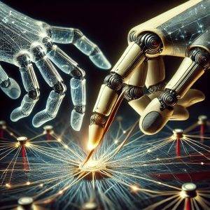 A pair of mechanical hands delicately adjusting the connections in a digital neural network, highlighting the intricate balance required to remove harmful knowledge while maintaining system integrity.