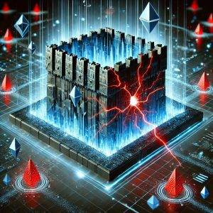 A futuristic digital fortress constructed from layers of blue digital lines and glowing geometric shapes, representing a 3D Gaussian Splatting system. Jagged red cracks breach the structure, symbolizing the Poison-Splat attack breaking through. The dark background features swirling digital elements that represent both the system’s data and the looming threat of the attack. The image visually conveys the vulnerability of the system despite its advanced architecture.