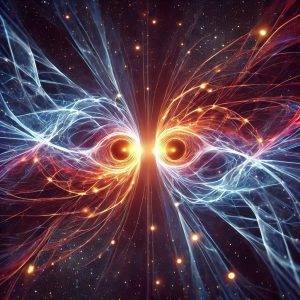 Two interconnected glowing particles in deep space, surrounded by vibrant waves symbolizing quantum entanglement, representing the mysterious and fundamental nature of quantum physics.