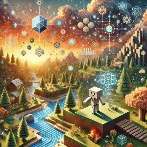 A vibrant digital landscape inspired by Minecraft, showcasing an AI agent as a small robotic figure exploring various terrains such as forests, mountains, and rivers. The scene, bathed in the warm hues of a setting sun, features symbols of technology and exploration, conveying themes of curiosity and continuous learning.