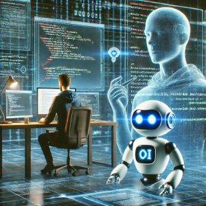 A futuristic scene showing a small AI robot and a human coder collaborating on software development in a high-tech office. The environment includes screens displaying code and holographic projections, emphasizing the synergy between AI and human intelligence in software creation.