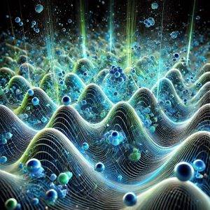 An abstract visualization of particles interacting within a Bose-Einstein condensate. The image shows particles in various stages of coherence, transitioning from chaotic motion in the background to structured wave patterns in the foreground. Shades of blue and green highlight the quantum interactions, with glowing lines symbolizing the universal speed limit as coherence spreads through the system.