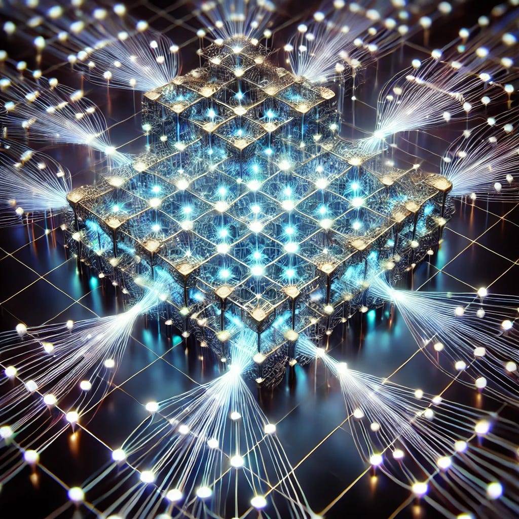 An abstract image representing AI parallelism, with interconnected glowing nodes symbolizing GPUs. Each node is linked in a grid-like network, illustrating synchronized data transfer between them to show high-speed processing and parallelism in AI training.