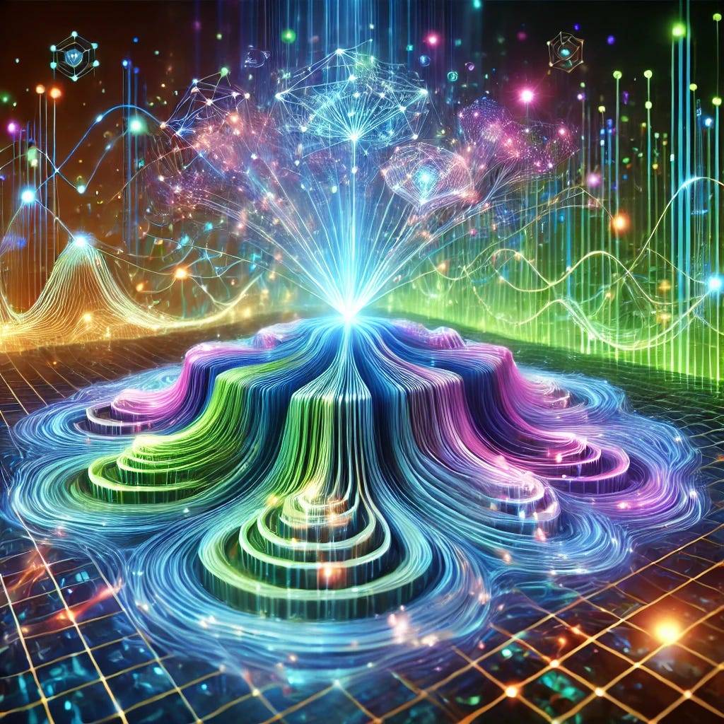 A futuristic scene symbolizes deep learning models, with multiple glowing layers representing the hierarchical structure of a neural network. These layers are connected by radiant beams of light, illustrating the process of feature learning and transfer between tasks. The background is filled with a digital grid and swirling particles, creating a sense of dynamic data flow. Vibrant electric blues, neon greens, and purples accentuate the upward movement of energy through the network.