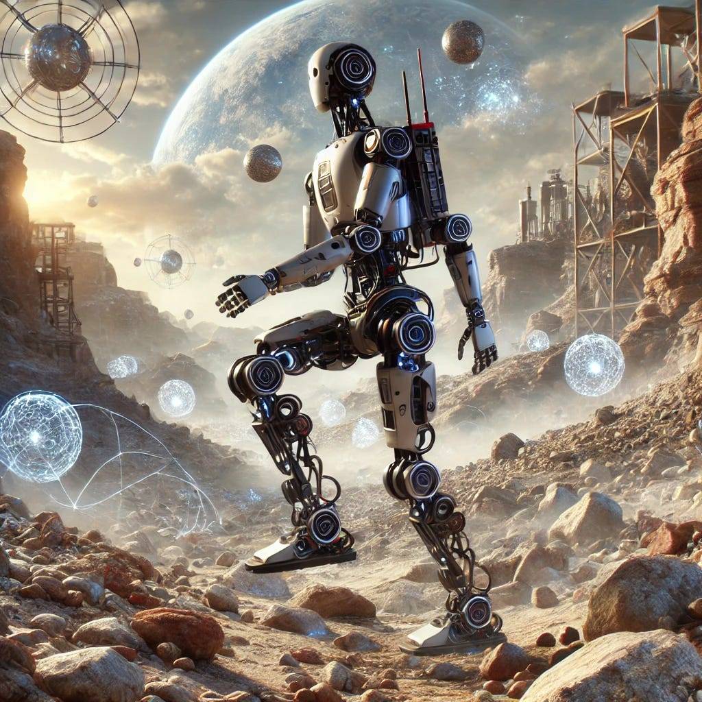 A high-tech humanoid robot maneuvers across a rugged terrain with rocks and uneven surfaces, balancing dynamically and showcasing advanced mobility skills. Its sensors and articulated limbs help it adapt to the challenging landscape, capturing the essence of simulation-to-reality transfer in robotics.