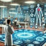 A futuristic medical research lab with doctors and researchers interacting with holographic displays, showing synthetic medical images and AI models. The scene reflects the collaborative efforts between human experts and AI technologies to advance healthcare.