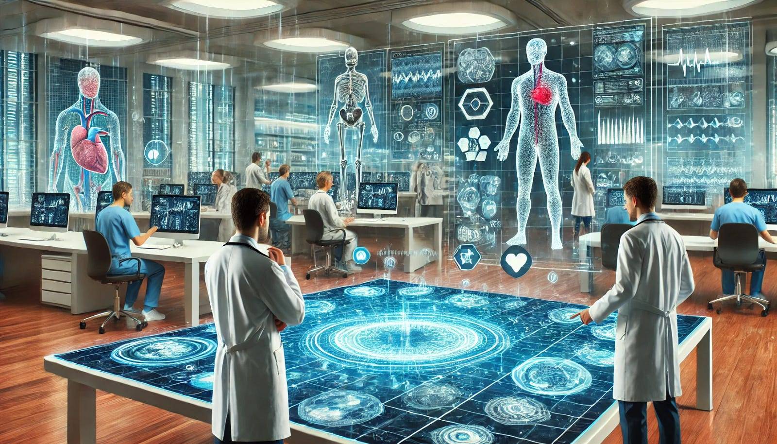 A futuristic medical research lab with doctors and researchers interacting with holographic displays, showing synthetic medical images and AI models. The scene reflects the collaborative efforts between human experts and AI technologies to advance healthcare.