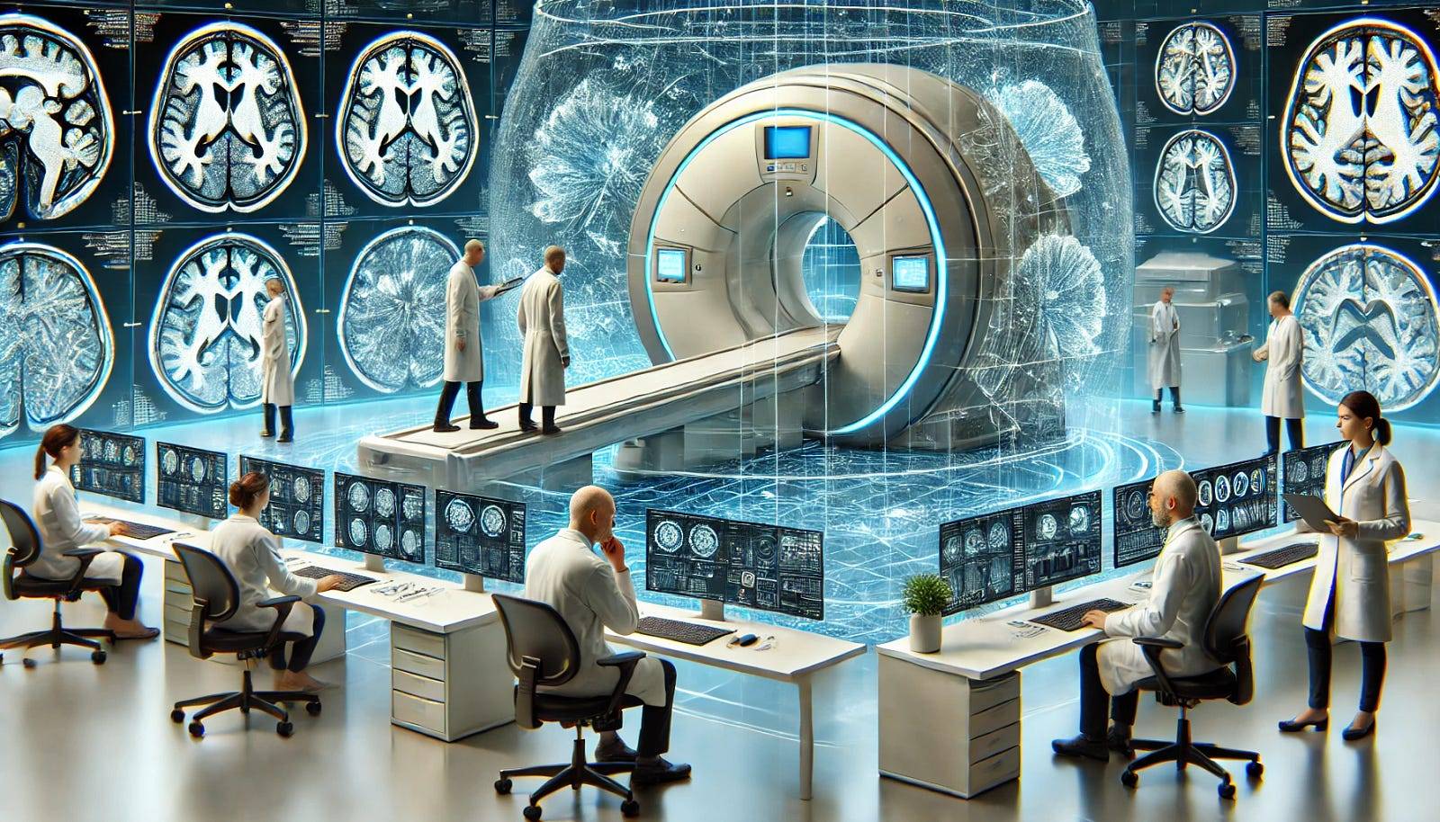 A futuristic medical laboratory featuring advanced MRI machines and researchers analyzing complex 3D brain imaging data on screens. The setting emphasizes technology and precision, showcasing a modern approach to brain tumor diagnosis.