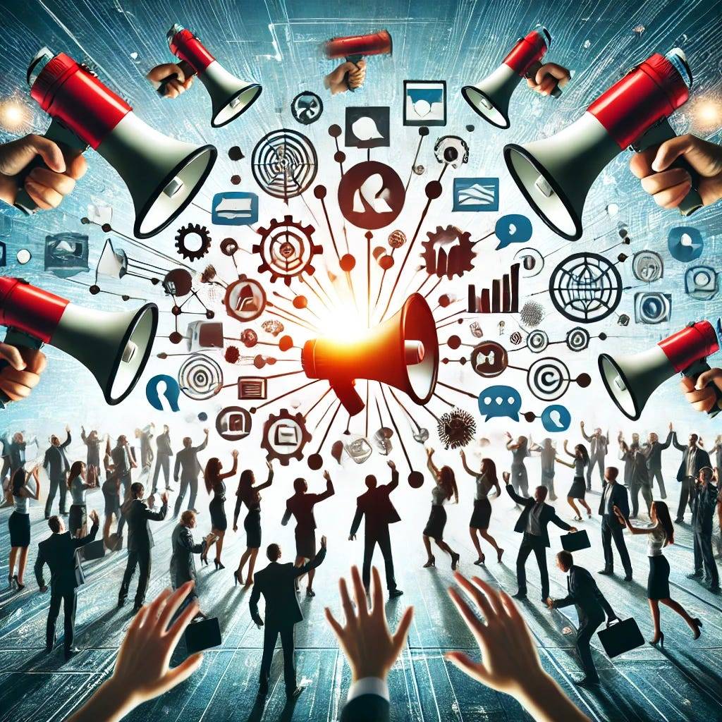 A conceptual illustration depicting competition for attention, featuring symbols like megaphones, digital screens, and diverse individuals reaching towards a central point. The elements converge, illustrating the clash and competition of ideas in a digital world.