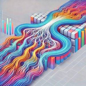 A visually rich illustration of a complex AI model in action, showcasing data streams represented by colorful waveforms. One branch diverts excess or ‘outlier’ data into a smooth, streamlined path, symbolizing SVDQuant’s low-rank branch efficiently absorbing outliers. The main data path continues smoothly, indicating minimal disruption in the overall model flow.