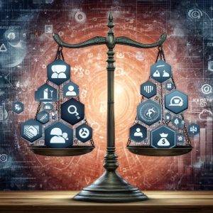 Artistic visualization of regulatory balance in targeted advertising, showing a scale with icons for privacy, data security, and consumer rights on one side, and symbols of business profits and market power on the other. Background includes data nodes and legal symbols, symbolizing the digital regulatory ecosystem.