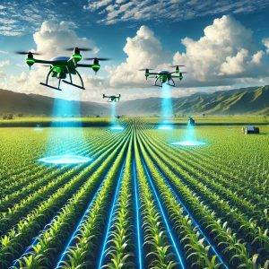 A futuristic agricultural field with rows of green crops, drones flying overhead emitting scanning lasers, a backdrop of distant mountains, and a clear blue sky with scattered clouds, symbolizing the integration of technology into modern farming.