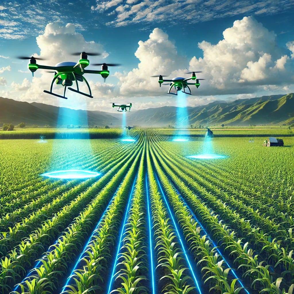 A futuristic agricultural field with rows of green crops, drones flying overhead emitting scanning lasers, a backdrop of distant mountains, and a clear blue sky with scattered clouds, symbolizing the integration of technology into modern farming.