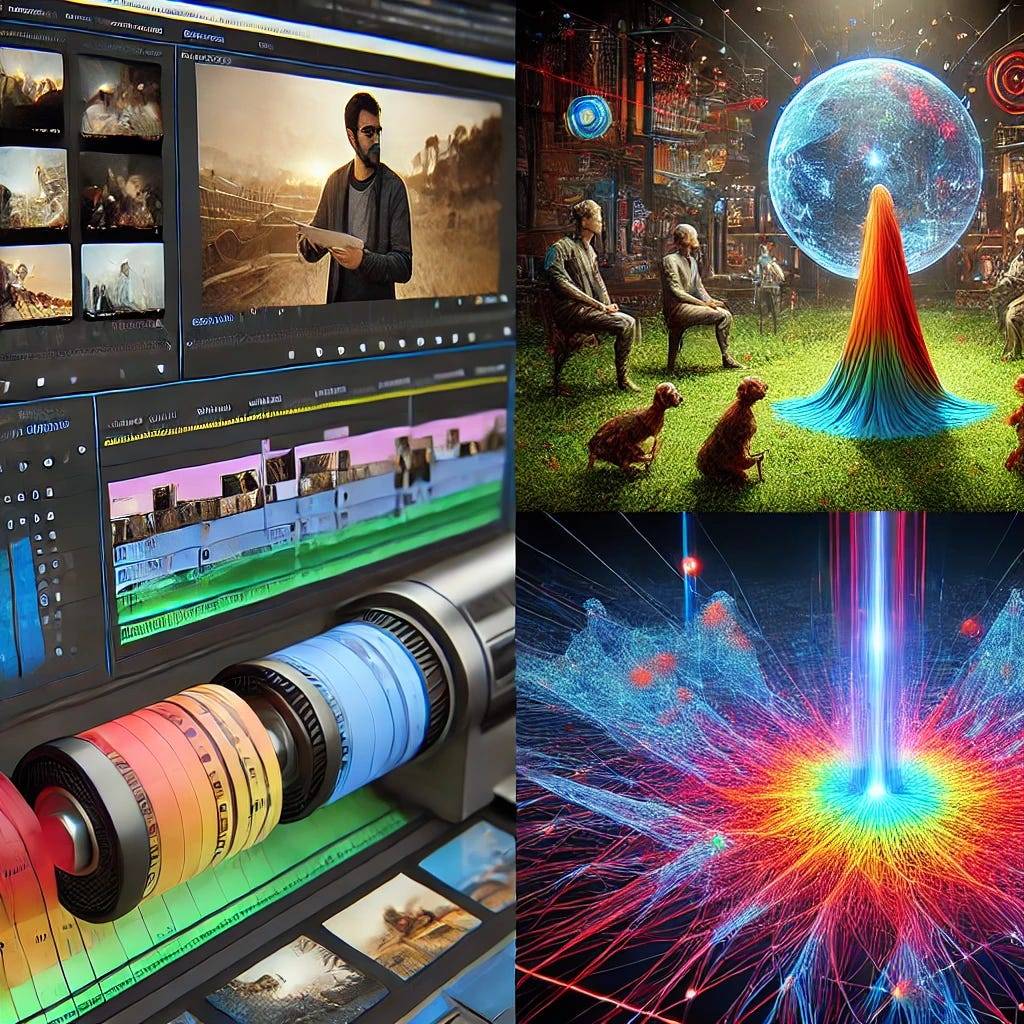 A digitally created scene showcasing a video editing interface with multiple video frames arranged in a timeline. In the center, a transformation effect highlights how an ordinary video evolves into a dynamic one with varied camera angles and cinematic effects.