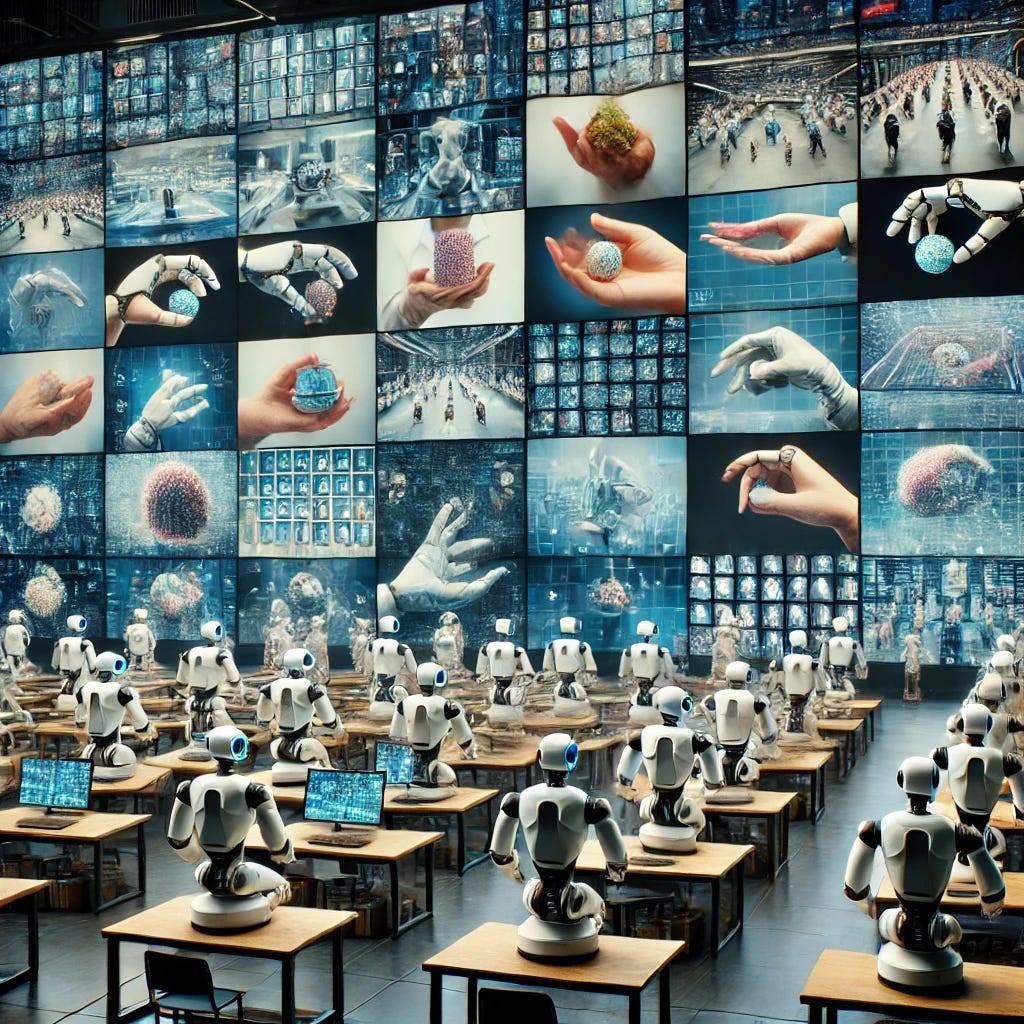 A high-tech lab setup where multiple robots face a large display of egocentric video feeds showing human hands performing diverse tasks, like grasping, placing, and folding objects. The robots appear to be ‘learning’ from these video streams, highlighting the scalability of data collection in imitation learning.